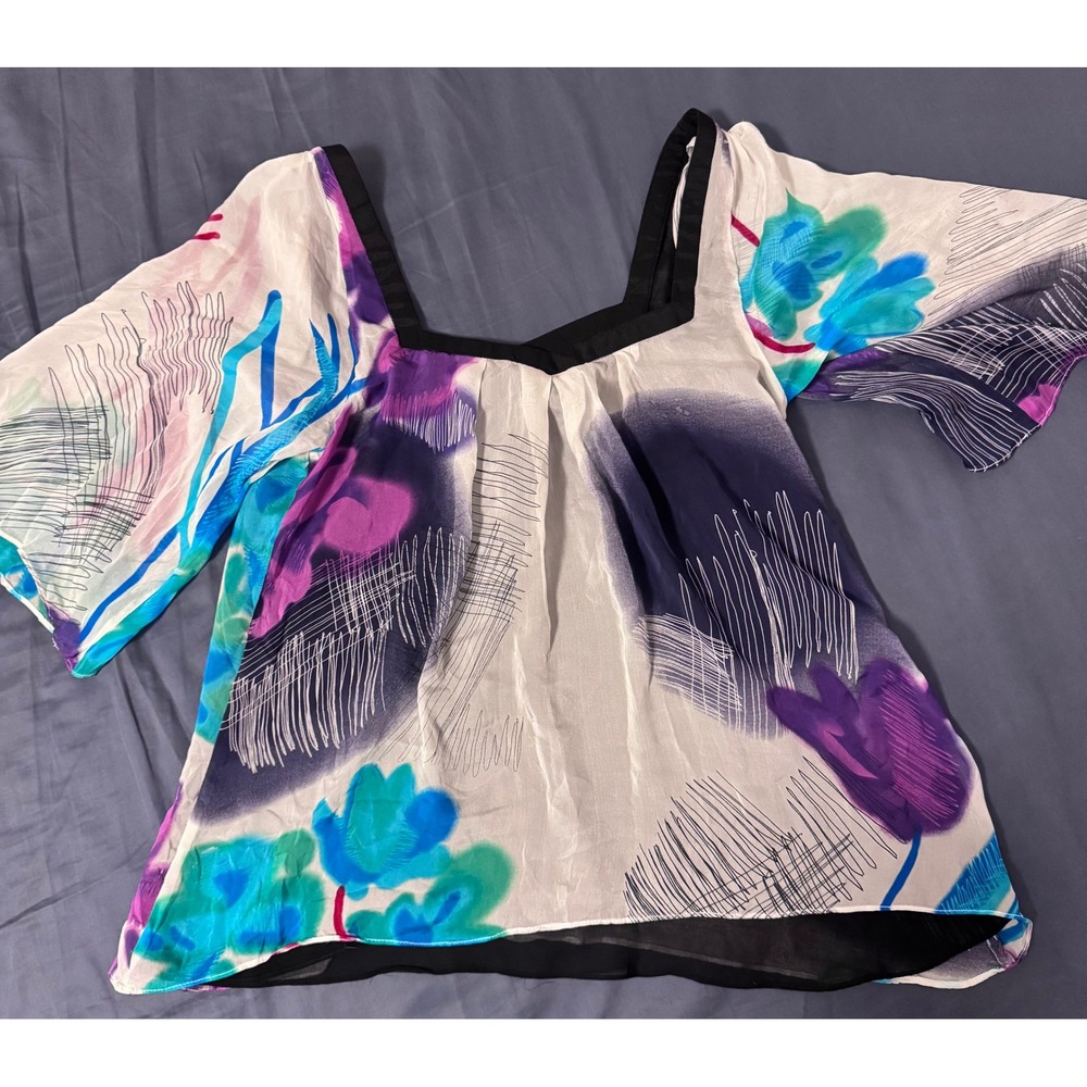 Pure Sugar Women Floral Silk Blend Square Neck Flutter Sleeve Blouse L
